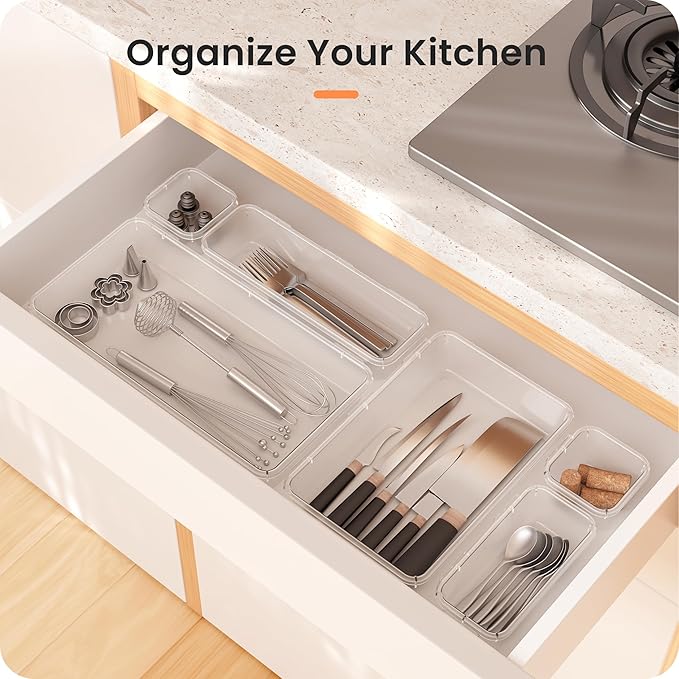 A-LuGei 【𝟯𝟬𝗣𝗰𝘀】【𝟱𝗦𝗶𝘇𝗲】 Drawer Organizer, Bathroom Organizers and Storage, Makeup organizer, Desk drawer organizer, Storage Bins for Kitchen Office Bedroom Vanity Tool Trays【𝐂𝐥𝐞𝐚𝐫】-NeatNest