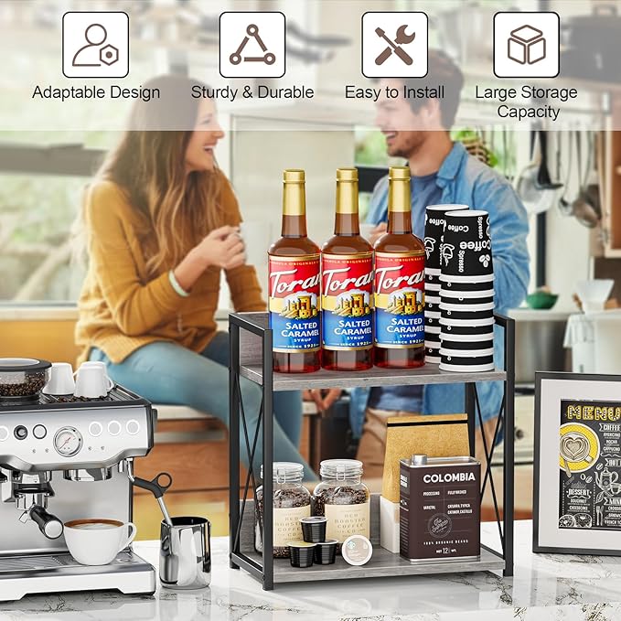 Giikin Coffee Bar Accessories, 2 Tier Spice Rack for Counter, Gray Kitchen Countertop Organizer (Grey, L)-NeatNest