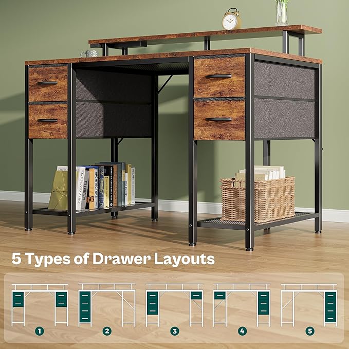 Huuger 47 inch Computer Desk with 4 Drawers, Gaming Desk with LED Lights & Power Outlets, Home Office Desk with Large Storage Space for Bedroom, Work from Home, Rustic Brown-NeatNest