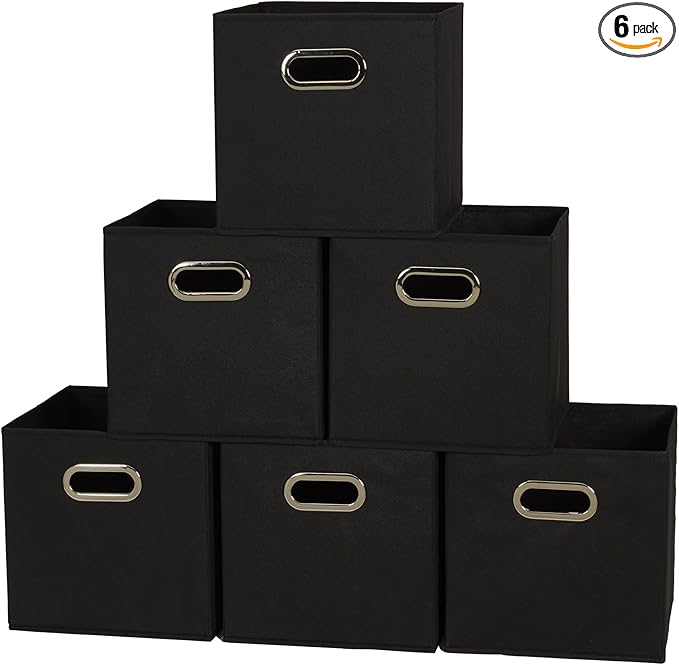 Household Essentials 80-1 Foldable Fabric Storage Bins | Set of 6 Cubby Cubes With Handles | Black