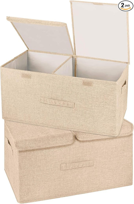 2 Pack Large Storage Boxes with Lids and Handles, Collapsible Linen Storage Bins Organizer Containers Baskets Cube with Removable Divider for Home Bedroom Closet Office (Khaki, Large)-NeatNest