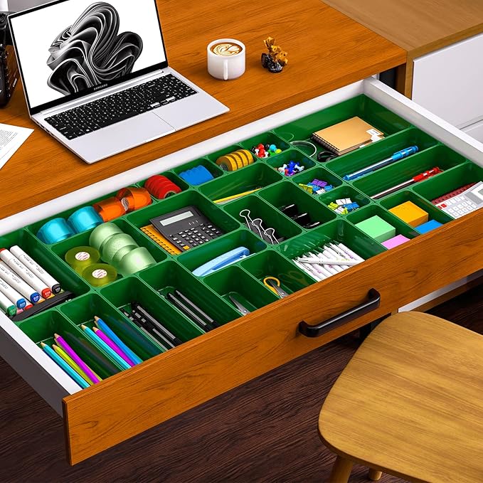60 Pcs Plastic Drawer Organizer Set,5 Size Small Storage Containers for Organizing Jewelry,Utensil,Junk,Tea,Makeup,Shallow Drawer Organizers Tray Suitable for Office,Desk,Bathroom,Vanity,Kitchen,Green-NeatNest
