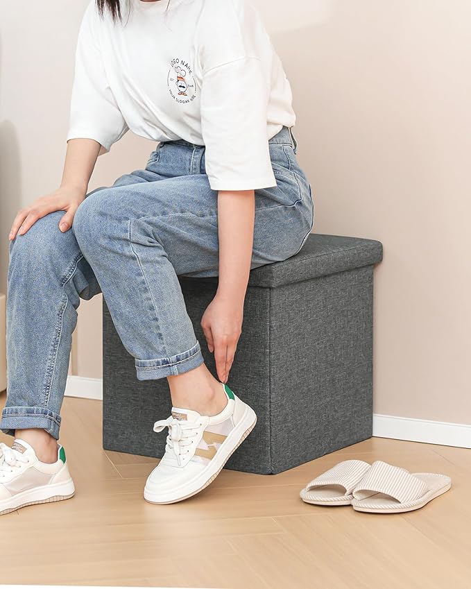 B FSOBEIIALEO Storage Ottoman with Tray, Small Ottomans Cube Folding Coffee Table Foot Stool Footrest Seat, Dark Grey Linen 16"X15.7"x15"-NeatNest