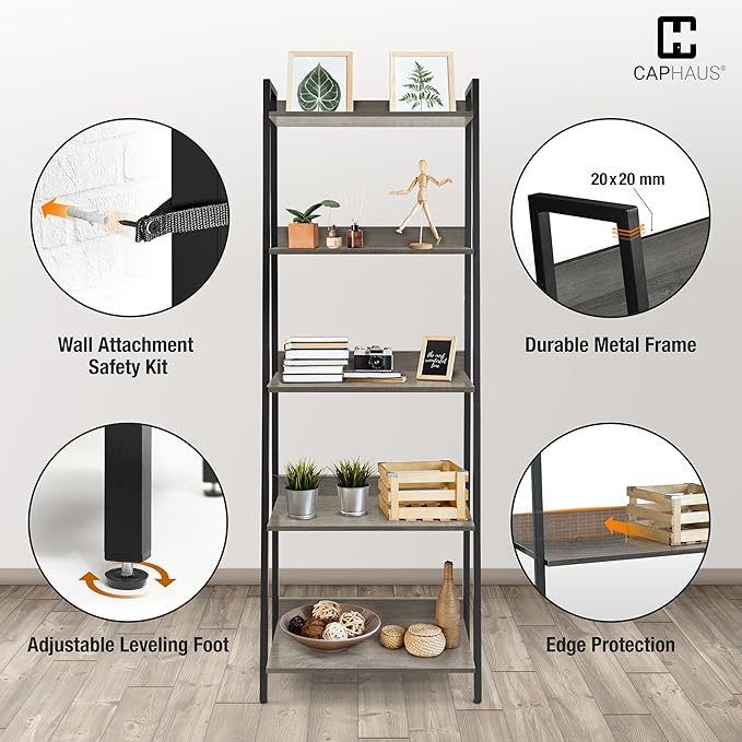 CAPHAUS 5 Tier Ladder Bookshelf, 24 Inch Width Free Standing Shelf, Bookcase Shelf Storage Rack Organizer, Industrial Book Shelves for Home Office, Living Room, Kitchen, Dark Grey, Vintage Shelves-NeatNest