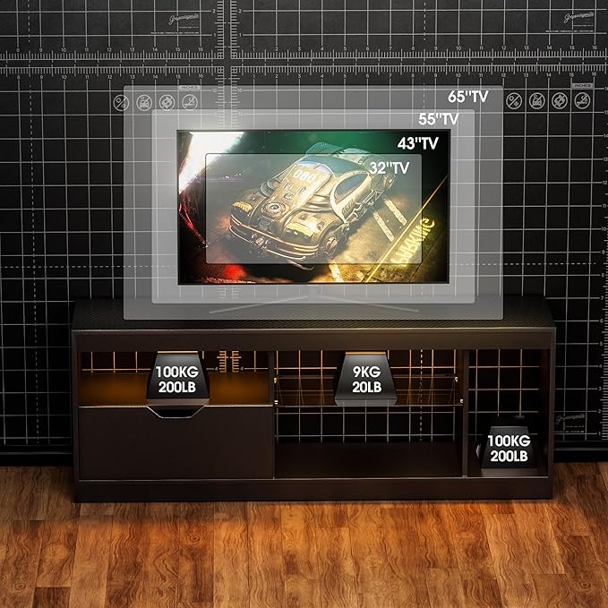 JUMMICO TV Stand, Entertainment Center LED Gaming TV Stand for 65+ Inch TV Carbon Fiber Top, Dynamic RGB Modes TV Cabinet Console with Adjustable Glass Shelves Storage Drawers (Black)-NeatNest