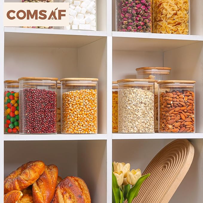 ComSaf 1.2 Qt Glass Storage Containers with Lids, Glass Jars with Lids, Clear Food Storage Jar, Square Canister Set of 9, Pantry Organizers and Storage for Cookie Flour Oat Pasta Tea Coffee Bean-NeatNest