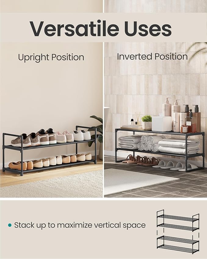SONGMICS Shoe Rack, 2-Tier Shoe Organizer, Metal Storage Shelf, Upright or Upside Down, for 12-15 Pairs, Stackable, for Entryway, 11.8 x 36.2 x 13.4 Inches, Black ULSA12BK-NeatNest