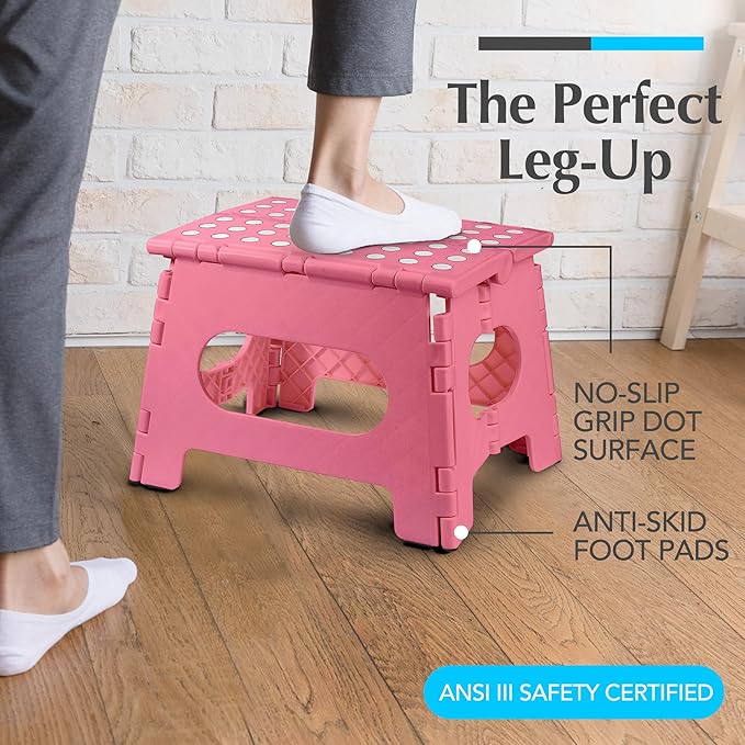 Handy Laundry - Folding Step Stool - Sturdy Enough Collapsible Stool to Support Adults and Safe Enough for Kids - Opens Easy with One Flip - Great for Kitchen, Bathroom or Bedroom (Pink - 9 Inch)