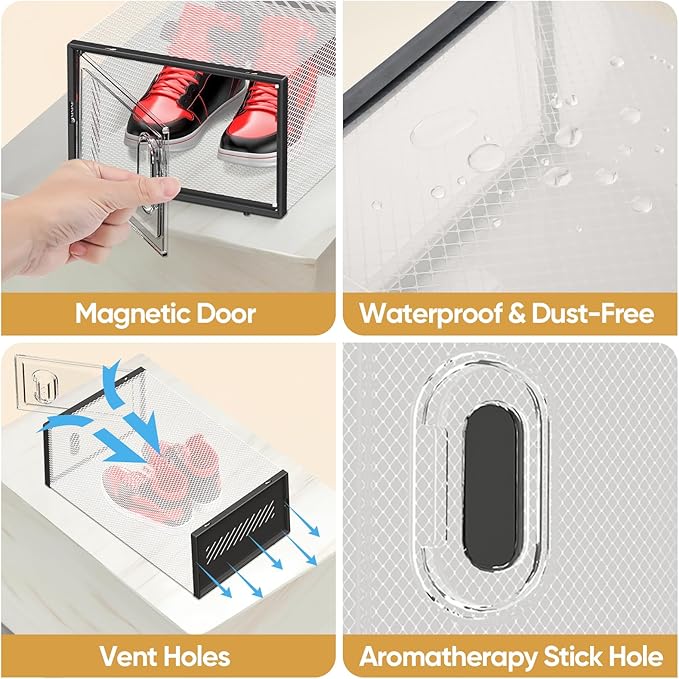 BALEINE 3 Pack Stackable Shoe Storage Boxes Fit Size 11, Thickened Clear Shoe Box Bins with Lids, Plastic Foldable Shoe Rack Organizer Sneaker Storage Containers (X-Large, Black)-NeatNest