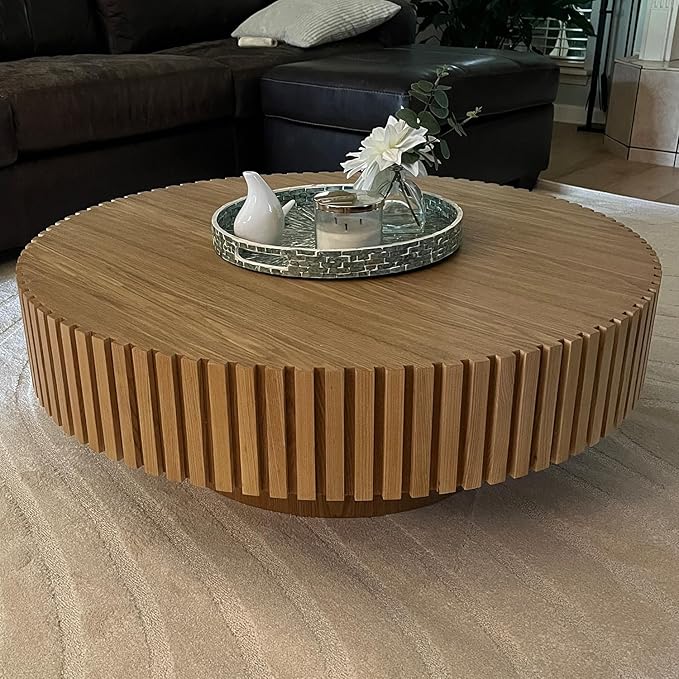 kevinplus 39.37'' Oak Round Coffee Table for Living Room, Modern Wood Contemporary Circle Fluted Drum Style, Easy Assembly, Oak(ø39.37'' x 13.42'')