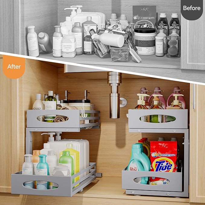 Under Sink Organizer, 2 Tier Under Sink Organizers and Storage, Adjustable Height, Slide Out Metal Cabinet Organizers, Pull Out Cabinet Storage Drawer Shelf for Kitchen Bathroom Gray, 2 Pack-NeatNest