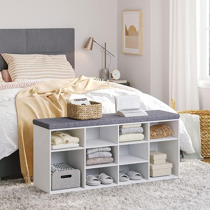 DINZI LVJ Shoe Storage Bench with Cushion, Cubby Shoe Rack with 12 Cubbies, Adjustable Shelves, Multifunctional Shoe Organizer Bench for Entryway, Mudroom, Hallway, Closet and Garage, White-NeatNest