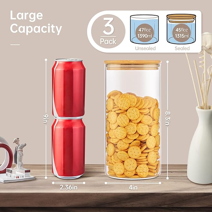 45oz - 3 Pack Glass Jars with Bamboo Lids, Glass Pantry Storage Containers with Airtight Lids, Round Air Tigh Food Storage Canisters for Cereal, Pasta, Flour, Sugar, Rice, Best for Kitchen Organizer-NeatNest