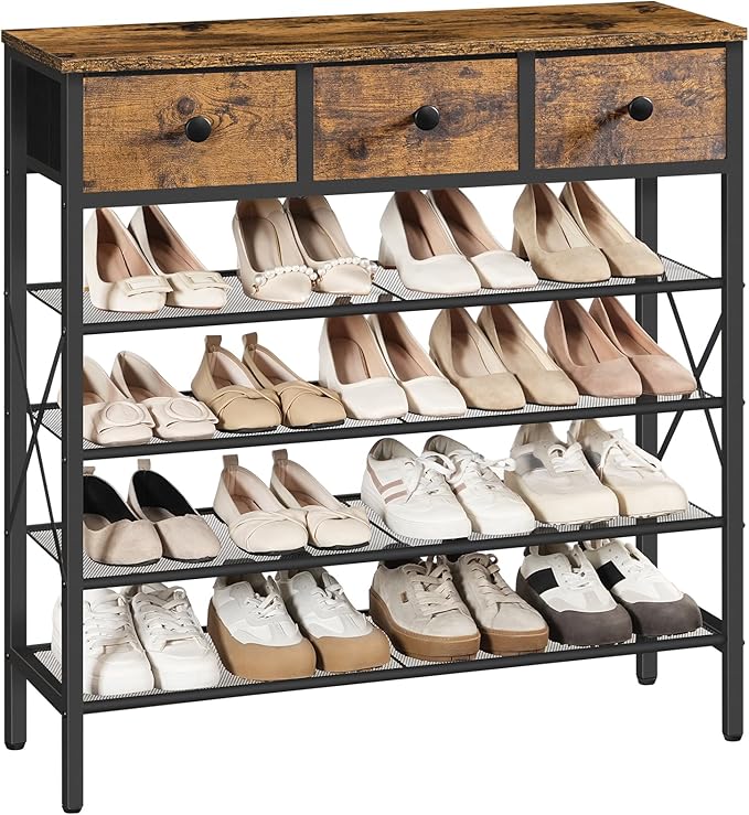 5-Tier Shoe Rack with 3 Drawers, Metal Shoe Organizer for 20 Pairs with Storage Shelves and Wooden Top, for Entryway, Hallway, Foyer, Closet, Rustic Brown and Black SS35BR-NeatNest