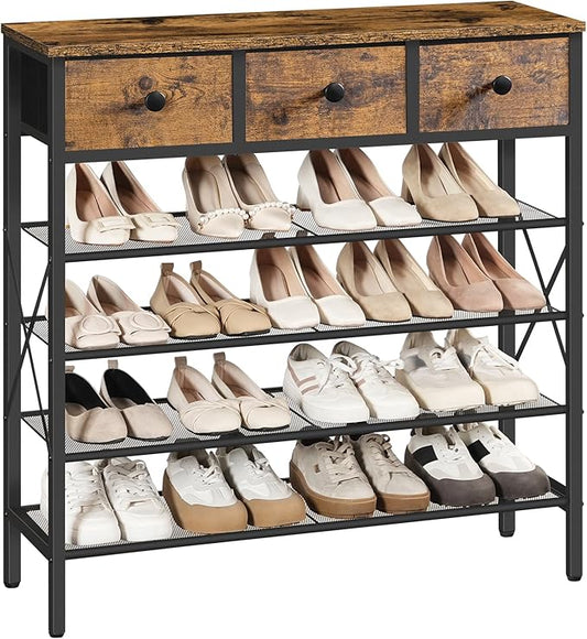 5-Tier Shoe Rack with 3 Drawers, Metal Shoe Organizer for 20 Pairs with Storage Shelves and Wooden Top, for Entryway, Hallway, Foyer, Closet, Rustic Brown and Black SS35BR-NeatNest