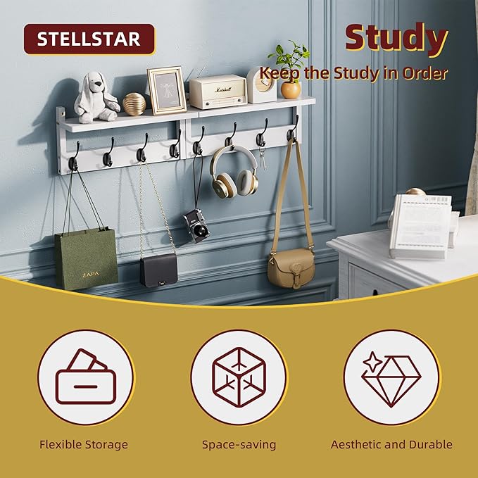 Coat Rack with Shelf Wall Mount, Entryway Bamboo Hanging Shelf, Set of 2, Wall Hook Rail for Hallway Décor, Storage Clothe, Hat, Robe, Key, Dog Leash (White+Black)-NeatNest