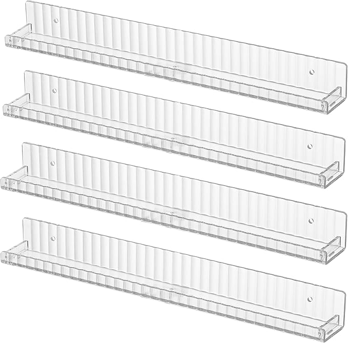 IEEK Floating Book Shelf for Wall,4 PCS Clear Acrylic Wall Bookshelf for Kids Room,Vertical Stripes Display Shelf with Removable Anti-Slip End Inserts for Bedroom Living Room Nursery Decor and Storage-NeatNest
