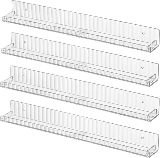 IEEK Floating Book Shelf for Wall,4 PCS Clear Acrylic Wall Bookshelf for Kids Room,Vertical Stripes Display Shelf with Removable Anti-Slip End Inserts for Bedroom Living Room Nursery Decor and Storage-NeatNest