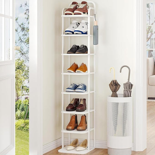 8 Tiers Vertical Shoe Rack, Narrow Shoe Tower, Tall Shoes Shelf with 2 Hooks, Adjustable Shelves, Corner Shoes Shelves for Small Spaces, Entryway, Living Room, White SR04313W-NeatNest
