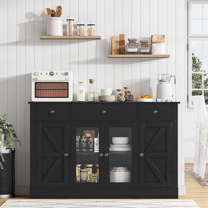 4 EVER WINNER Sideboard Buffet Cabinet with Storage, 55" Coffee Bar Cainets with 3 Drawers and Glass Doors, Farmhouse Buffet Cabinet for Kitchen, Living Room-NeatNest