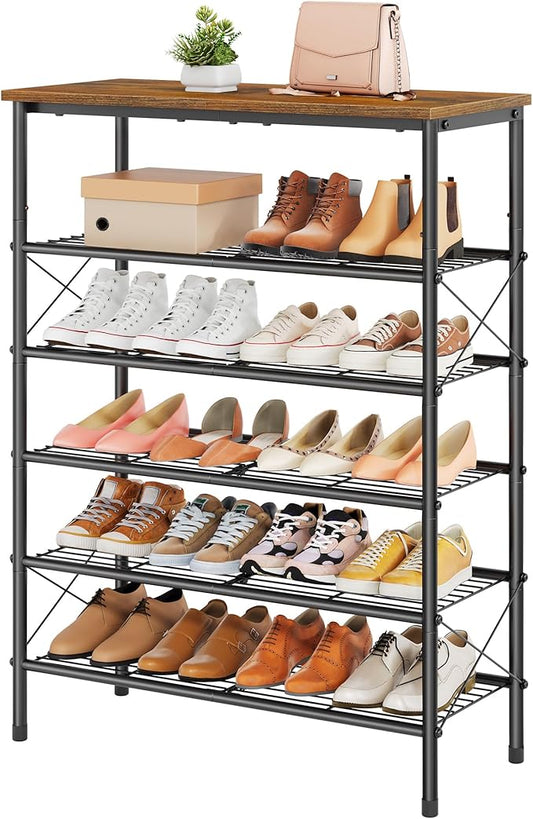 Tajsoon 6 Tier Free Standing Shoe Rack for 20-24 Pairs, X Shape Fixed Frame Metal Mesh Shoe Rack for Closet, Rustic Brown & Black-NeatNest