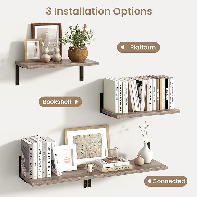 Fun Memories Deep Floating Shelves, 16W x 8D Floating Shelves Set of 2, Wall Mounted Shelf with Metal Brackets, Rustic Wood Wall Shelf for Bathroom, Kitchen and Living Room, Grey-NeatNest