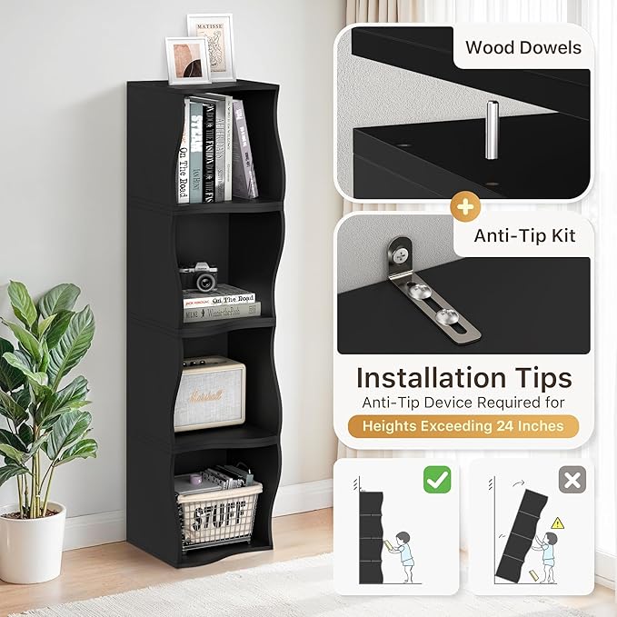 2 Cube Storage Organizer Shelf, Stackable Wooden Bookshelf, Modular Bookcase for Bedroom, Living Room, Office, Study (Black)-NeatNest