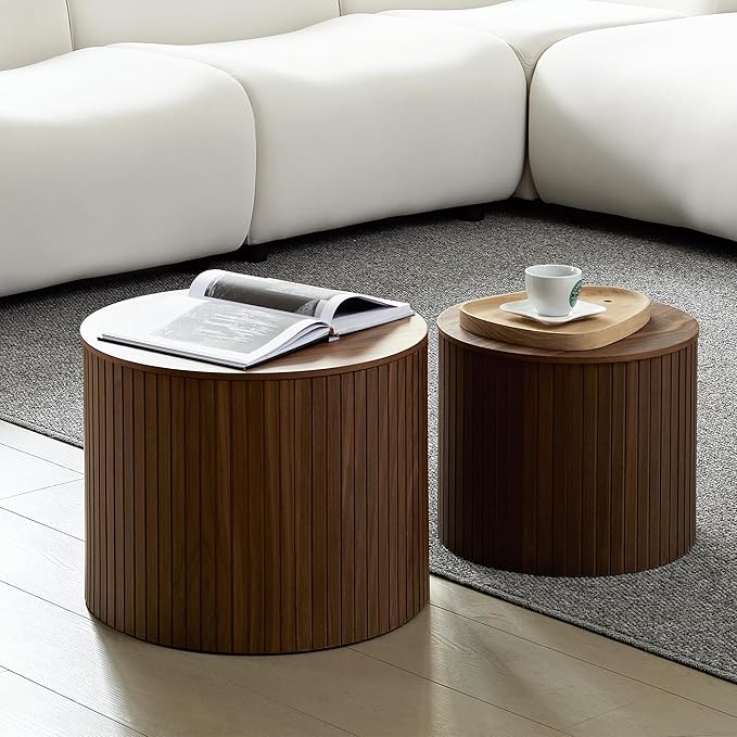 Nesting Coffee Tables Set of 2, Wooden Round Coffee Tables with Storage,Modern Circle Accent End Table Center Table for Small Spaces Living Room Bedroom Balcony Office Drum Side Table,Walnut