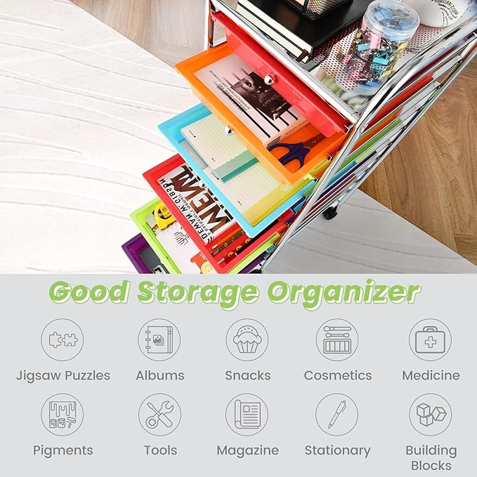 COSTWAY 10-Drawer Rolling Storage Cart, Utility Mobile Trolley with Removable Drawers & Universal Casters & 2 Brakes, Versatile Flexible Drawer Organizer Cart for Home, Office (Multi-Colored)-NeatNest