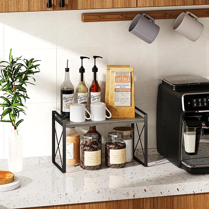 Giikin Kitchen Countertop Organizer, Wood Desk Shelf Riser, Gray Spice Rack for Kitchen Counter, Countertop, Cabinet (15.7 Inches, Gray)-NeatNest