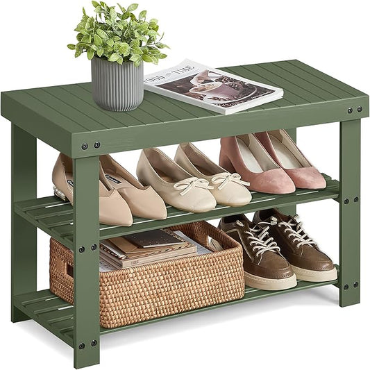 SONGMICS Shoe Rack Bench, 3-Tier Bamboo Shoe Storage Organizer, Entryway Bench, Holds Up to 286 lb, 11.3 x 27.6 x 17.8 Inches, for Entryway Bathroom Bedroom, Forest Green ULBS004C01-NeatNest