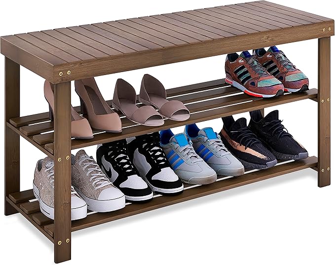 SMIBUY Bamboo Shoe Rack Bench, 3-Tier Shoe Organizer Storage Shelf for Entryway Hallway Bathroom Living Room (Walnut)-NeatNest