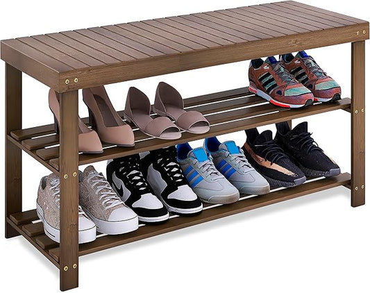 SMIBUY Bamboo Shoe Rack Bench, 3-Tier Shoe Organizer Storage Shelf for Entryway Hallway Bathroom Living Room (Walnut)-NeatNest