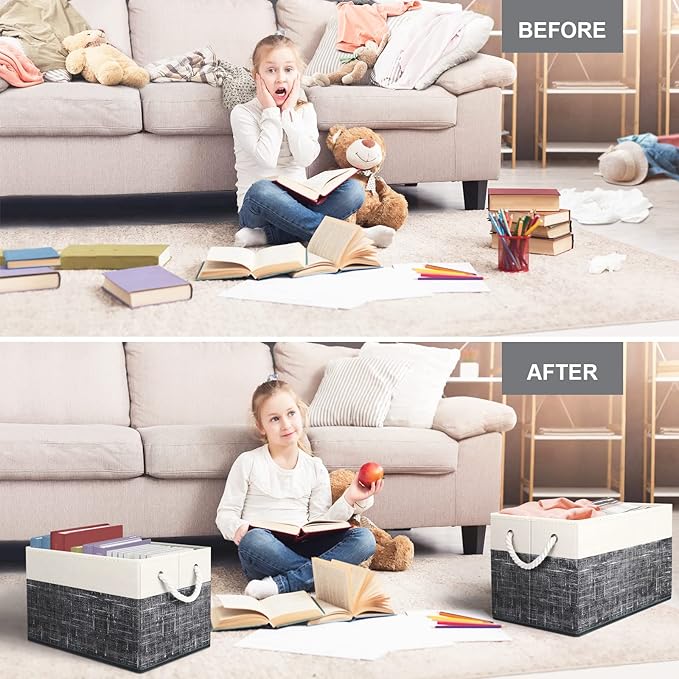 Fab totes Storage Bins [8-Pack], Foldable Storage Baskets for Organizing Toys, Books, Shelves, Closet, Large Storage Box with Rope Handles, Sturdy Organizer Bins, White & Black-NeatNest