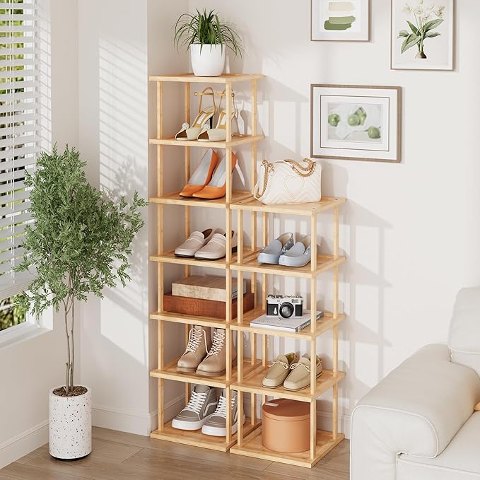 Vertical Tall Shoe Rack Organizer for Entryway -12 Tier Free Standing Slim Narrow Bamboo Wood Corner Stackable Shoe Boots Storage Stand Small Spaces for Closet Garage Cloakroom Living Room (Nature)-NeatNest