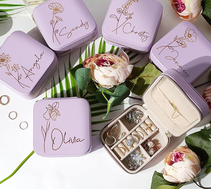 DayOfShe Mom Gifts Travel Jewelry Box with Birth Flower and Name Personalized Small Jewelry Case for Mother Birthday Gifts Bridesmaid Gifts-NeatNest