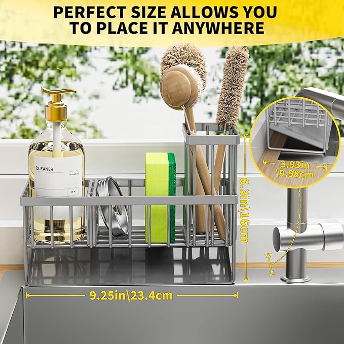 Cisily Sink Caddy Organzier with High Brush Holder, Sponge Holder for Sink, 304 Rustproof Stainless, Kitchen Countertop Soap Dispenser Organizer, Gray Kitchen Decor and Accessories-NeatNest