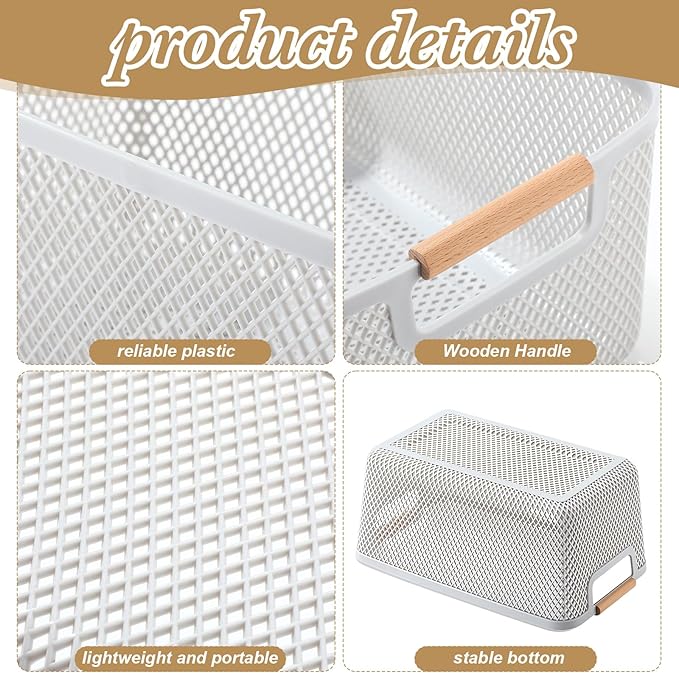 4 Pcs Plastic Mesh Baskets with Handles - Mesh Storage Organizer Bin Container Baskets for Home Organizing Pantry Closet Cabinet Kitchen Fridge Fruit Snacks Gifts, Grey(Medium)