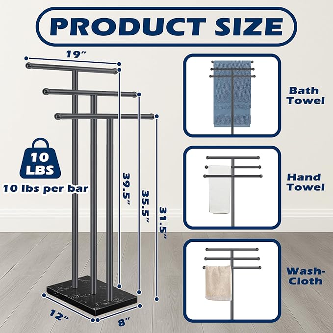 3-Tier Freestanding Towel Rack with Marble Base,Standing Tower Rack Fits Versatile Space,Stable Towel Racks for Bathroom, Matte Black Finish