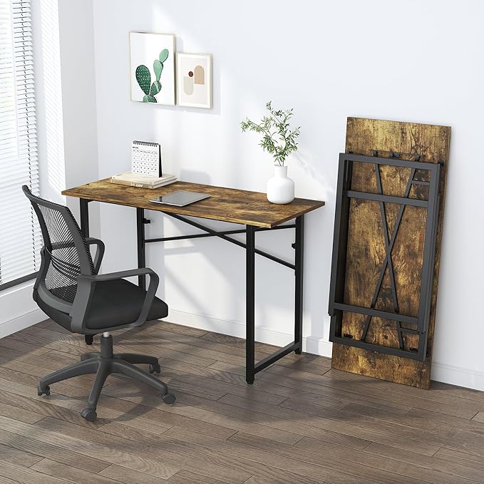 47 inch Folding Computer Desk, Writing Gaming Computer Camping Table, No Assembly Required Home Office Desk, Rustic Brown-NeatNest