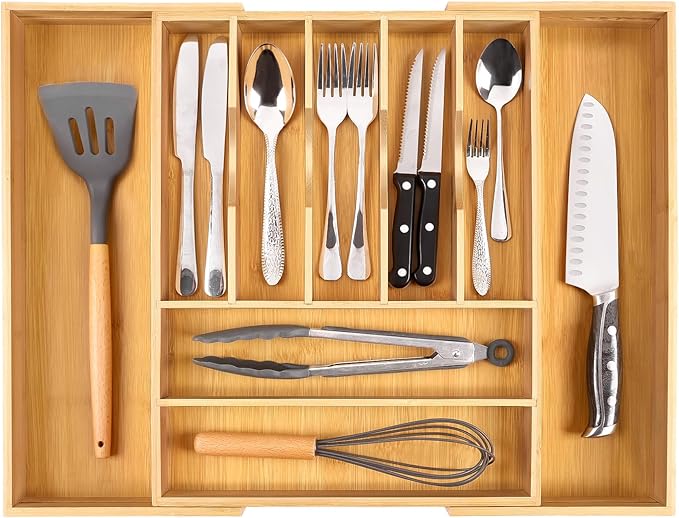 Bellsal Large Premium Bamboo Silverware Organizer - Expandable Utensil Drawer Organizer - 17"x19.6" Utensil Holder and Cutlery Tray with Grooved for Kitchen Flatware and Utensils Mother's Day Gift-NeatNest