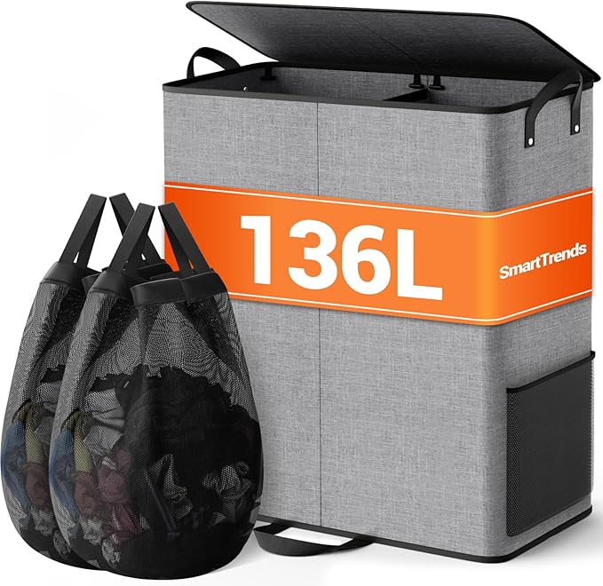 Large Double Laundry Hamper with Lid, Removable Bags & Reinforced Handles, 2 Section Tall Laundry Basket, Dirty Clothes Hampers for Laundry Room, Bedroom, Bathroom, Dorm, 136L, Gray-NeatNest