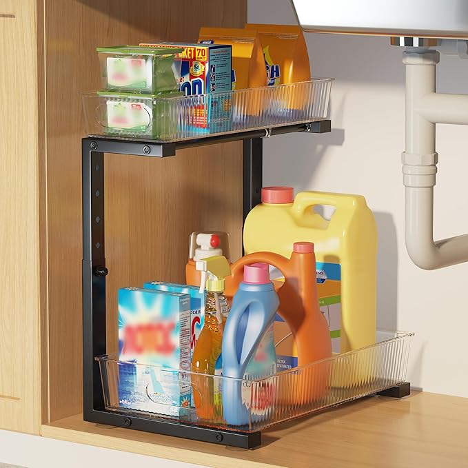 1 Pack 10.62"-15.5" H Acrylic Bathroom Under Sink Organizers And Storage Height Adjustable,2-Tier Pull Out Under Cabinet Shelf Organizer,Multi-Use Slide Out Drawer For Kitchen Laundry-Black-NeatNest