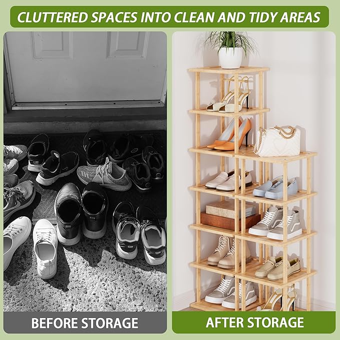 Vertical Tall Shoe Rack Organizer for Entryway -12 Tier Free Standing Slim Narrow Bamboo Wood Corner Stackable Shoe Boots Storage Stand Small Spaces for Closet Garage Cloakroom Living Room (Nature)-NeatNest