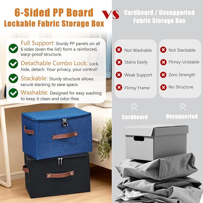 2PCS Storage Bins Boxes with Zipper Lid Combination Lock PU Leather Handles Cotton Linen Fabric Lidded Lockable Baskets Foldable Washable Closet Shelf Organizer Container (Black, Large)
