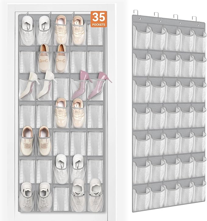 FENTEC 35 Large Pockets Over The Door Shoe Organizer, Mesh Hanging Shoe Organizer Shoe Rack for Closet Mesh Closet Shoe Holder, Over Door Organizer, Shoe Organizer for Wall, Grey, 1 Pack-NeatNest