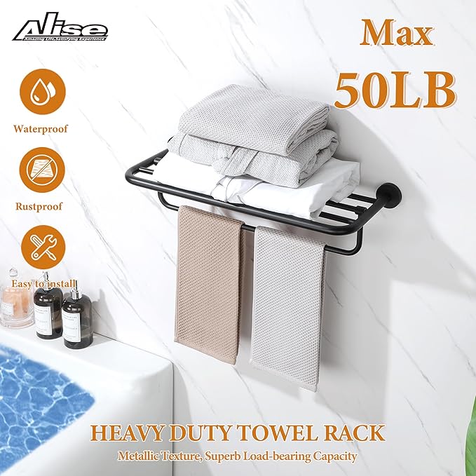 Alise 24 Inch Towel Racks for Bathroom, Foldable Towel Hanger Towel Shelf with Tower Bar, Heavy Duty Towel Holder, SUS 304 Stainless Steel Wall Mount Towel Rail, Matte Black