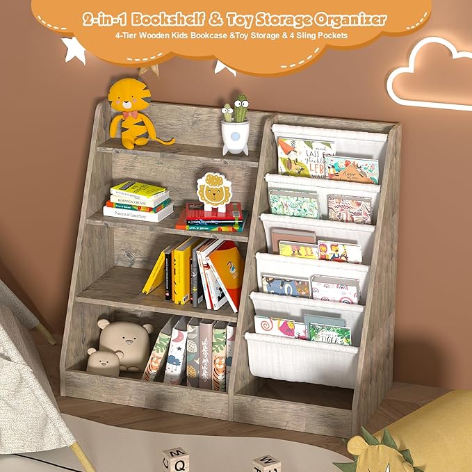 4 Tier Kid Bookshelf Wooden 5 Sling Children Bookcase Toddler Montessori Bookcase Book Rack Display Toy Storage Organizer Book Display Shelf Stand Classroom Bedroom Nursery Playroom (Grey Wood)