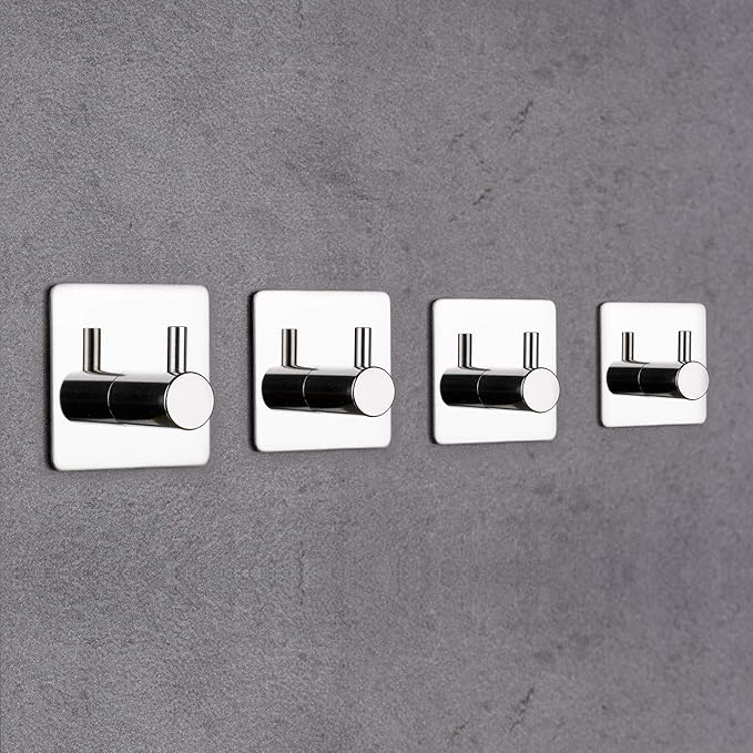 Bylion 4 Pack Silver Adhesive Wall Hooks, Adhesive Chrome Hooks Bathroom Towel Hooks Chrome SUS 304 Stainless Steel Wall Hooks, Heavy Duty Waterproof Hooks, Robe Hooks for Bathroom Kitchen Bedroom-NeatNest