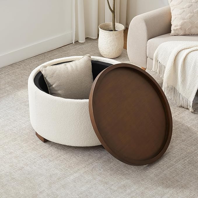 30 Inch Round Storage Ottoman Coffee Table, Modern Boucle Ottoman with Lift-Off Lid and Solid Wood Legs for Living Room, Bedroom, Corners, Apartments (Beige)